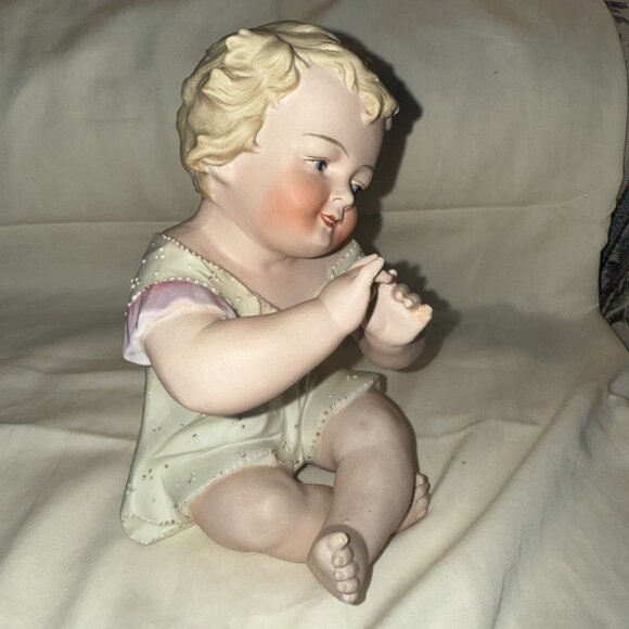 Antique Bisque Flute Baby Statue Porcelain Conta Boehme 8x5” BROKEN PINKY FINGER - Picture 10 of 15